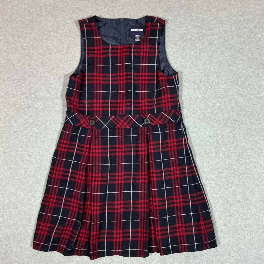 Lands End Red Navy Plaid Pleated School Uniform Jumper Dress Size 14